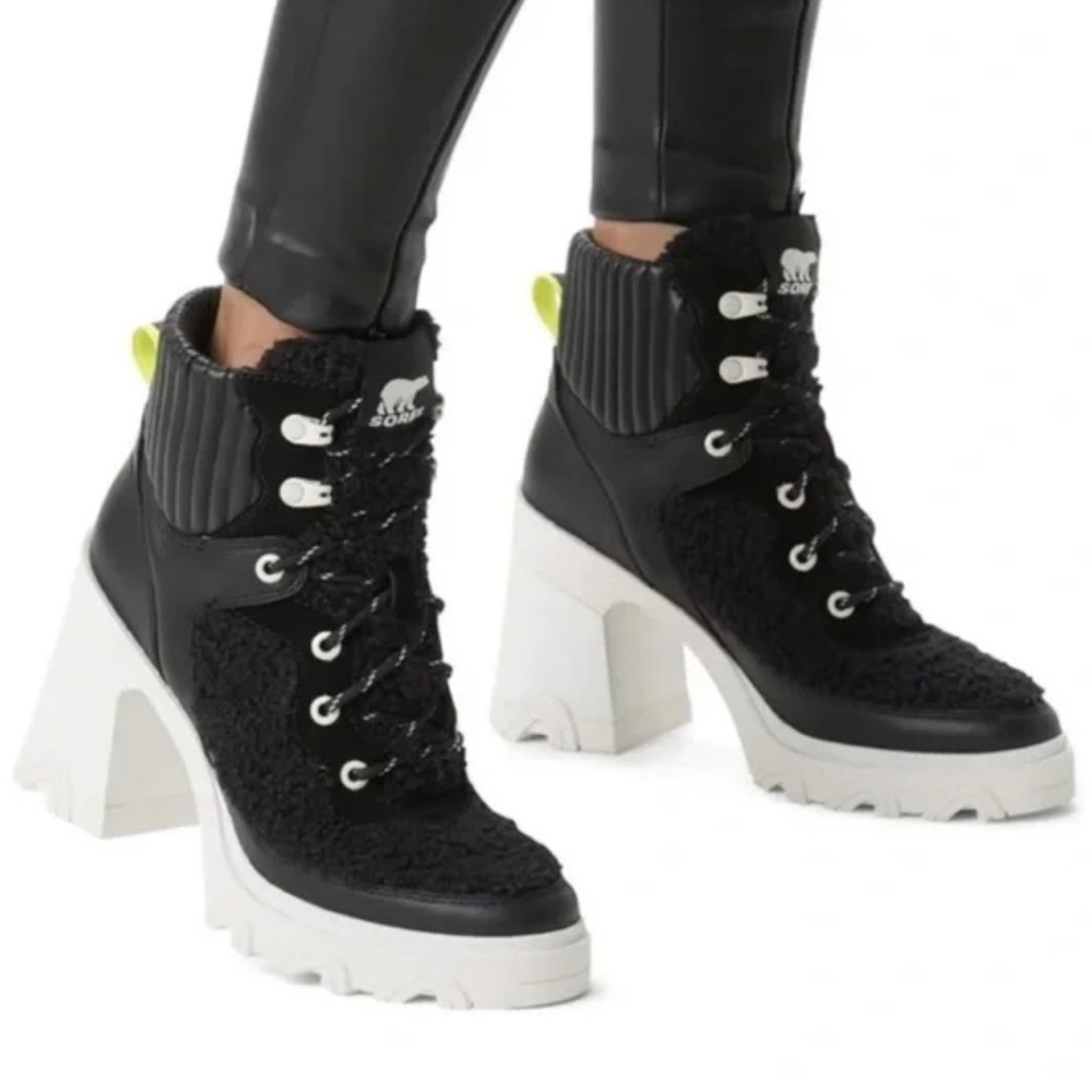 Black Chunky Lace-Up Heeled Ankle Boots by Sorel